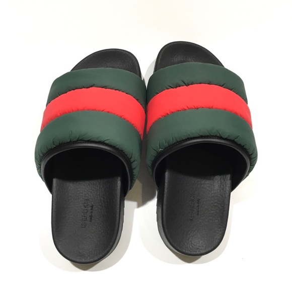 GUCCI PADDED WEB SLIDE SANDALS -GREEN / RED PUFFER NYLON -WOMEN’S US 8 -NEW - Picture 6 of 7
